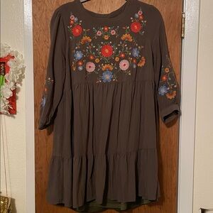 Savanna Jane western Brown boho dress  with Multicolor Floral Embroidery